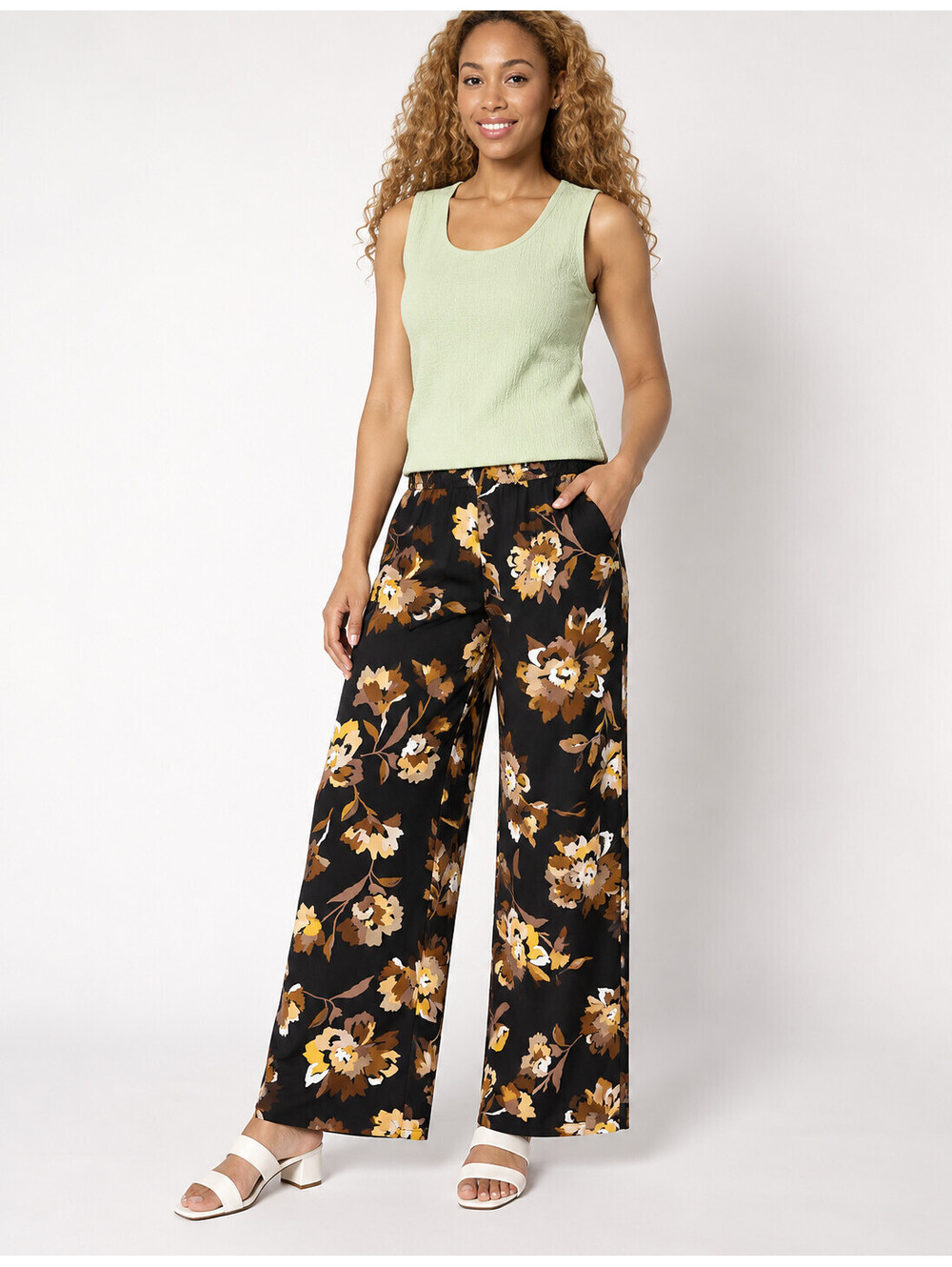 Susan Graver Printed Satin Twill Wide Leg Pull On Pants Black/Neutral, Petite 2X